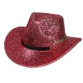 Macro view of bright red glitter cowboy hat with black band and gold feather charm detail - M (56-58cm) / Watermelon red