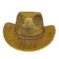 Détail d'un chapeau de cowboy doré à paillettes avec bande marron et strass - Sommet en Coeur / Or