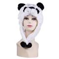 Panda plush earflap hat in classic black and white with 3D ears and fuzzy pom-poms - Panda