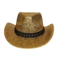 Close-up of golden glitter cowboy hat texture with black woven decorative band - Pinch Front / Gold