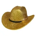 Detail of gold glitter cowboy hat featuring a black band and gold metallic leaf accents - M (56-58cm) / Gold (Flat Top Style)