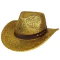 Chapeau de cowboy doré scintillant avec bande en cuir cloutée pour les fêtes - M (56-58cm) / Or