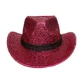 Pink glitter cowboy hat with sequin finish and black decorative band for parties - Pinch Front / Rose Red