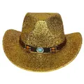 Détail d'un chapeau de cowboy doré à paillettes avec bandeau en cuir turquoise et perles - M / Or