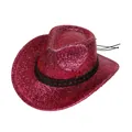 Détail d'un chapeau de cowboy rose pailleté avec ruban tressé noir et reflets brillants - M / Rose rouge