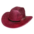 Sparkly bright pink western cowboy hat with sequin finish and gold feather accent - M (56-58cm) / Rose Red (Flat Top Style)