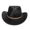 Détail d'un chapeau de cowboy noir avec bande en cuir brun, strass et rivets dorés - Sommet en Coeur / Noir