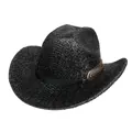 Detail of black straw cowboy hat featuring a gold feather metal ornament on a leather band - M (56-58cm) / Black (Flat Top Style)
