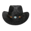 Détail du chapeau de cowboy noir pailleté avec pierre turquoise et perles en bois sur le ruban - M / Noir