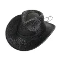 Détail du chapeau de cowboy noir tressé avec bandeau en cuir ajouré et larges bords - M / Noir