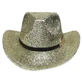 Vue détaillée du chapeau de cowboy à paillettes dorées avec ruban noir et logo métallique - Style à dessus bosselé / Bleu foncé