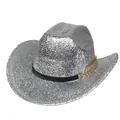 Detail of silver sequined cowboy hat featuring black band and golden leaf ornament - M (56-58cm) / Silver (Flat Top Style)
