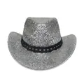 Sparkly silver glitter cowboy hat with black braided band for parties and club events - Pinch Front / Silver