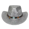 Chapeau de cowboy argenté à paillettes avec perles ethniques et emblème en turquoise - M / Argent