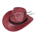 Détail du chapeau de cowboy rouge à paillettes avec bande tissée noire pour les fêtes - M / Rouge pastèque
