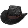 Chapeau de cowboy noir tressé avec bandeau en similicuir marron et détails de rivets - M (56-58cm) / Noir