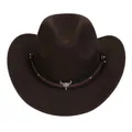 Detailed view of brown felt cowboy hat with silver bull skull emblem and rivets - 54cm / Coffee