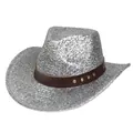 Détail d'un chapeau de cowboy argenté brillant avec ruban en cuir à rivets et paillettes - M (56-58cm) / Argent