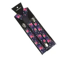 Deep purple Y-back suspenders with floral rose patterns and shiny metal clips - Dark Purple Floral Pattern (11)