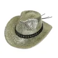 Détail macro d'un chapeau de cowboy doré scintillant avec garniture noire et cordon serré - M / Bleu foncé
