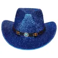 Détail du chapeau de cowboy bleu brillant avec bande noire et boucle en turquoise - M / Bleu royal
