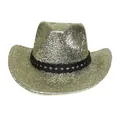 Vue détaillée du chapeau de cowboy à paillettes dorées avec texture scintillante et ruban - M (56-58cm) / Pincé à l'Avant / Bleu foncé