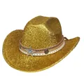 Dettaglio cappello cowboy argento glitterato con fibbia a stella e fascia borchiata - Parte Superiore Piatta-Oro