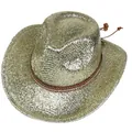Détail du chapeau de cowboy doré brillant avec bandeau clouté et cordons de perles en bois - Bleu foncé