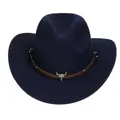 Detail of dark blue western cowboy hat featuring silver bull skull and metal studs - 54cm / Navy Blue
