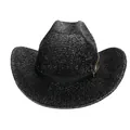 Gros plan du chapeau de cowboy noir scintillant avec bande en cuir et boucle dorée - Style à Sommet Plat / Noir