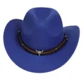 Detailed close-up of blue felt cowboy hat featuring silver bull skull and metal studs - 54cm / Sapphire Blue
