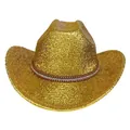 Détail du chapeau de cowboy à paillettes dorées avec ruban en cuir à strass scintillants - Couronne Plate / Or