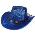 Détail d'un chapeau de cowboy bleu brillant avec pierre turquoise et perles de bois - Style Régulier / Bleu royal