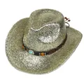 Détail du chapeau de cowboy doré scintillant avec bande en cuir et pierre turquoise - Style Régulier / Bleu foncé