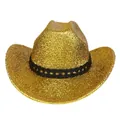 Détail d'un chapeau de cowboy doré à paillettes avec ruban noir pour fêtes et festivals - M (56-58cm) / Couronne Plate / Or
