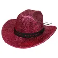 Détail d'un chapeau de cowboy rose scintillant avec bande tressée noire pour fête - Style à Sommet Plat (Haut à un Mot-B Rose Rouge)
