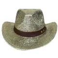 Detalle de sombrero vaquero rosa con lentejuelas doradas y banda de cuero con remaches - M (56-58cm) / Champán