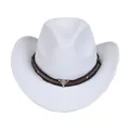 White felt western cowboy hat with brown leather rivet band and silver steer skull - 54cm / White