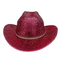 Détail de paillettes magenta étincelantes et ceinture en strass sur un chapeau cowboy - Couronne Plate / Rose rouge
