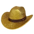 Sombrero vaquero occidental dorado brillante con banda de cuero marrón y remaches - M (56-58cm) / Estilo Top Plano (2HAT193) / Dorado