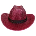 Détail du chapeau de cowboy rose à paillettes avec texture brillante et bande tressée noire - M (56-58cm) / Couronne Plate / Rose rouge