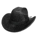 Détail d'un chapeau de cow-boy noir avec texture tressée brillante et ruban assorti - Style à Sommet Plat (Haut à un Mot-C Noir)