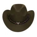 Olive green felt cowboy hat for children with brown leather band and silver bull skull - 54cm / Army Green
