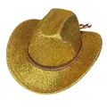 Détail d'un chapeau de cowboy doré à paillettes avec bandeau strass et cordon perlé - Toit Plat Or