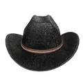 Détail d'un chapeau de cowboy noir à paillettes avec bande en similicuir et strass - Couronne Plate / Noir