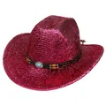 Détail d'un chapeau de cowboy rose pailleté avec turquoise et bande en cuir perlé - Style Plat / Rose rouge