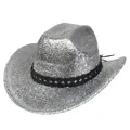 Gros plan sur la texture argentée scintillante et le bandeau tressé noir du chapeau cowboy - Style à Sommet Plat (Haut à un Mot-D Argent)