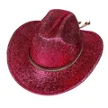 Détail d'un chapeau de cowboy rose à paillettes avec sangle marron ornée de strass - Couronne Droite Rose Rouge