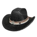 Dettaglio cappello cowboy nero con stemma a stella e pietra turchese sulla fascia - Parte Superiore Piatta-Nero