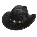 Détail d'un chapeau de cowboy avec bandeau perlé marron et ornement en pierre turquoise - Style Plat / Noir